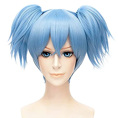 JoneTing Shiota Nagisa Wig【+Wig Cap】 Blue Cosplay Wig with Pigtails Synthetic Wig for Girls Short Blue Wig for Anime Cosplay Peluca Azul Two Ponytails Party Wig for Halloween Christmas Party