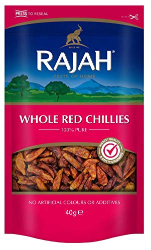 Rajah Spices Whole Red Chillies | Red Chilli | Hot Whole Chilli | Dried Chillies | Marchu | Mirch | Lonka | Vattal | (40g)