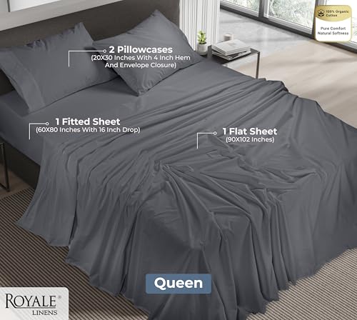 Image of ROYALE LINENS 100% Organic Cotton Queen Sheet Set - Percale Weave - 4 Pieces Set - 1 Flat, 1 Deep Pocket Fitted Sheet and 2 Pillowcases - Grey Bed Sheets - Sabanas Queen - Crisp Cool (Grey)