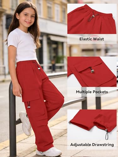 Image of SANGTREE Girls Parachute Pants Loose Lightweight Drawstring Waist Hip Hop Cargo Pants,6-16 Years