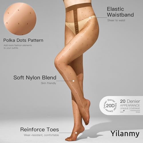 Image of Yilanmy Shiny Polka Dot Patterned Tights for Women Sheer Shimmer Pantyhose 20D High Waist Heart Stockings