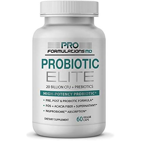Probiotic Elite – Synbiotic with FOS + Supernatant – 60 vcaps – Pre, Post & Probiotic Digestive Support with 20 Billion CFU, FOS, Acacia Fiber & Freeze–Dried Culture Powder – No Refrigeration Needed Cover