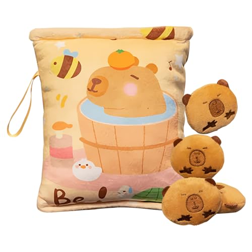 かわいいスナック枕 カピバラぬいぐるみ枕、かわいいカピバラぬいぐるみスナックバッグ、かわいい赤ちゃん4匹付きソフトカピバラぬいぐるみ、動物スナック枕1袋、キャンディーやグミを入れられるぬいぐるみクッション、抱きしめられるホームデコレーション