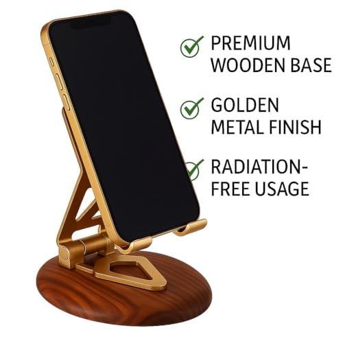 Image of 360 Degree Rotation Wooden Golden Premium Metal Mobile Holder for Desktop and Tables Adjustable Height and Angle Compatible with All Smartphones and Tablets 4-10 inch' Anti Slip Bracket Mobile Stand