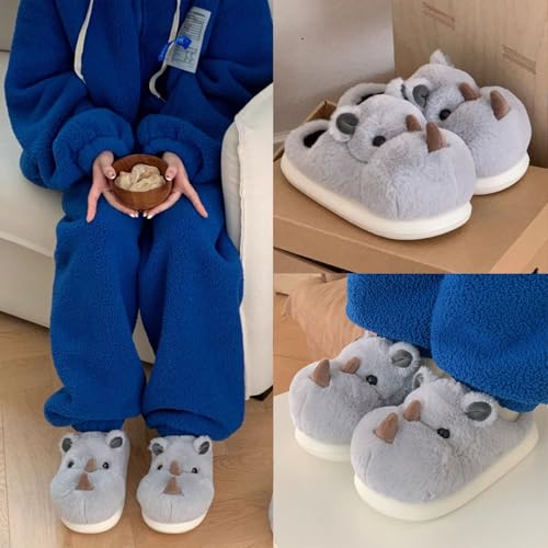 Jfxgjuv Rhino Slippers, Funny Plush hippo animal slippers for women men, Non-slip Indoor Outdoor fuzzy Hippo house Cotton Shoes4