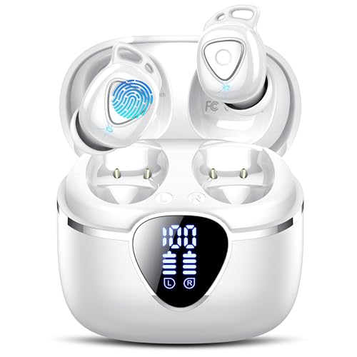 Wireless Earbuds, Bluetooth 5.4 Earphones In Ear with 4 ENC Noise Cancelling, 40H Mic Clear Calls Bluetooth Headphones Deep Bass, IP7 Waterproof Bluetooth Ear Buds, Compact Design LED Display, White
