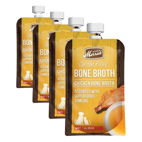 Image of Merrick Grain Free Bone Broth, Premium Human Grade and Gluten Free Dog and Cat Food Topper Pouches, Chicken - 7 oz. Pouch (Pack of 4)