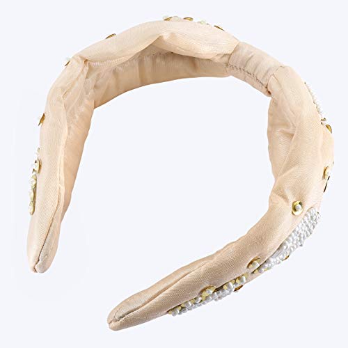 Embroidered Headband For Woman Hand Sewing Beaded Wide Elastic Hair Hoops Bohemia Boho Knotted Turban Headband Hairband Hair Accessories (White Beaded) #TOP2