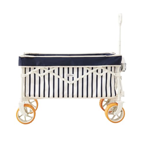 DEER LAND Beach Wagon for Sand with 6.7' Fat Tires, Foldable Beach Cart for Beach & Camping, Large Capacity Easy-Pull Wagon, Heritage Navy Stripe
