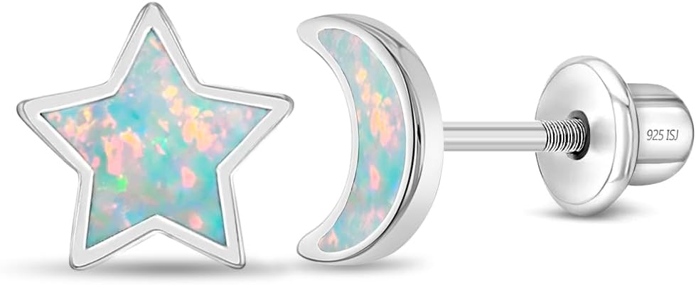 In Season Jewelry Simulated Opal Moon & Star Earrings - 925 Sterling Silver Hypoallergenic Earrings for Girls with Safety Screw Backs - Safe & Comfortable for Toddlers, Kids & Little Girls