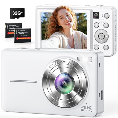 Cámara Digital 4K 64MP, Doble cámara con Enfoque automático, Flash, Zoom 16X, estabilización, Tarjeta de 32 GB, Cámara de Fotos compacta para niños, Adolescentes, Adultos y Principiantes (Blanco)