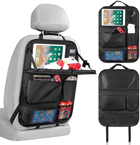 LUCMO Car Backseat Organizer with Tablet Holder,6 Storage Pockets Car Storage Organizer with Foldable Food Tray,Car Seat Back Protectors Kick Mats Travel Accessories-Black