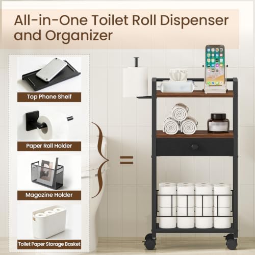 Snughome Freestanding Toilet Paper Holder with Storage Drawer, 4-Tier Rolling Toilet Paper Holder Stand with Wheels, Shelf & Basket, Bathroom Magazine Rack for Phone & Extra Rolls (Rustic Brown) — view 6