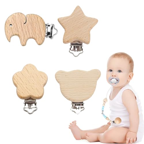 Schnullerclip,4 Stück Holzclip Holztiere,Schnullerketten...