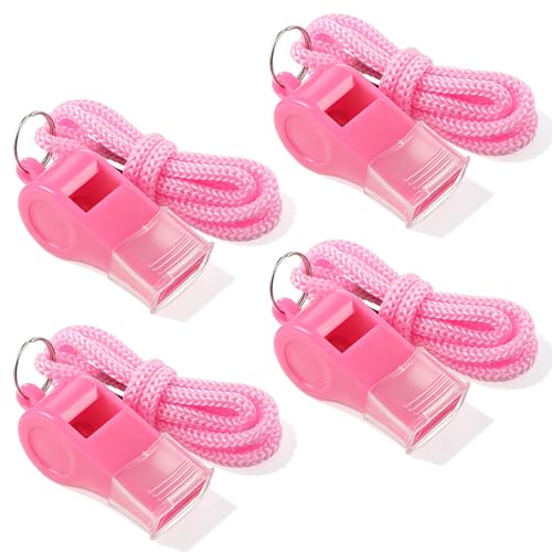 Aiyorse 4 Packs Pink Whistle, Whistle for Coaches, Plastic Coach Whistles with Lanyard, Loud Clear Crisp Referee Whistle, Whistle Emergency for Teacher Polices Officials Sport Training Lifeguard