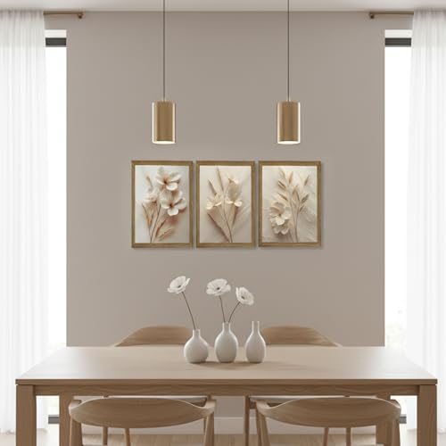 Neutral Beige Floral Canvas Wall Art Set of 3 Beige Botanical Paintings Pictures Minimalist Flower Prints Artwork for Living Room Bedroom Office 16x24 inch Wood Framed by Cymkova - Used condition - Image 6