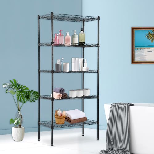 Image of BestOffice | 5-Tier Wire Storage Shelves | 22x12x48 | Black | with Adjustable Racks | Heavy-Duty Metal Shelf, Holds Upto 750 lbs | No-Tool Assembly | Ideal for Home & Garage Shelving