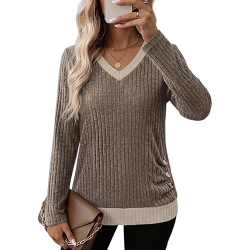 Winter Sweaters for Women V Neck Button Side Warm Ribbed Knit Shirt - image 5