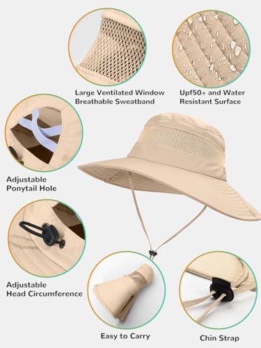 Image of EW East Water Sun Beach Hat for Women, UPF50+ Waterproof with Ponytail Hole | Large Breathable Mesh,3.5 inch Wide Brim, Adjustable Windproof Chin Strap,Quick-Dry, for Hiking Fishing Outdoor Safari