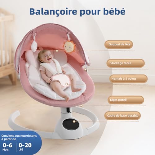 Transat Balancelle Bebe Electrique jusqu’à 9 kg, Pliable Bluetooth Balancelle pour Bébé avec 5 Vitesses de Balancement, Minuterie à 3 Niveaux et Télécommande, Portable Transat Bebe (Rose) – vue 5