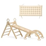 Deryan Klettergerüst Indoor für Kinder - Kletterwand, 3 in 1 Kletterdreieck, Dreieck, Faltbares Kleinkind-Kletterspielzeug, Hölzernes Montessori-Kletterset für 3–8 Jahre, mit Matratze - Natur