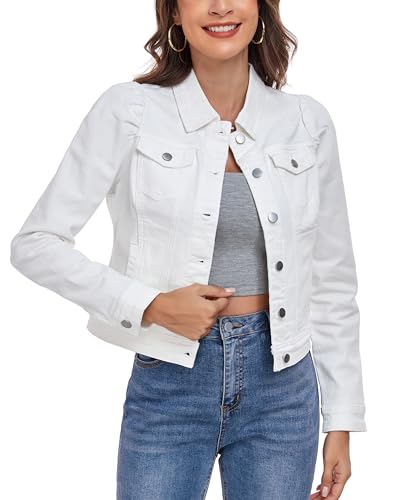 Anienaya Womens Jean Jacket Cropped Denim Jackets Stretchy Puff Long Sleeve Ripped with Pockets White Medium