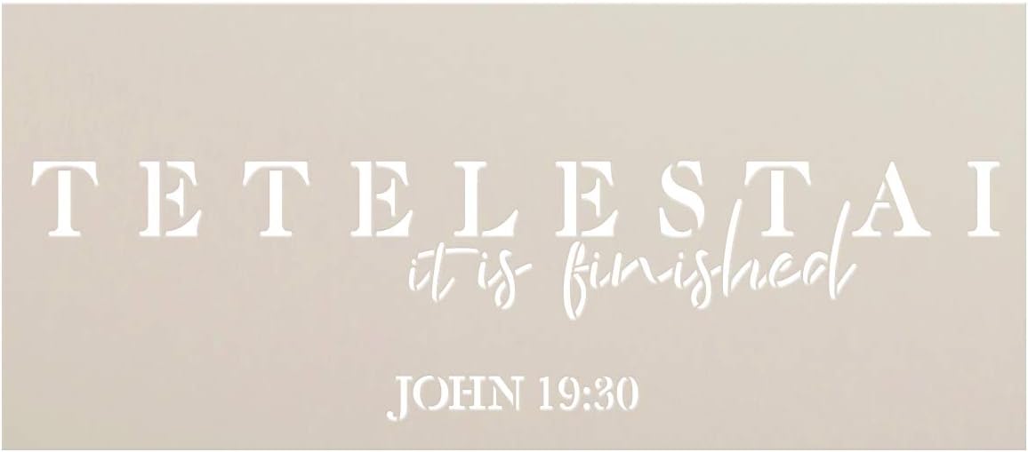 It is Finished Stencil by StudioR12 | Paint Wood Sign | Reusable Mylar Template | Craft Simple Faith Home Decor | Bible Verse John Tetelestai Jesus DIY Rustic Christian Quote | Select Size (19 x 8)