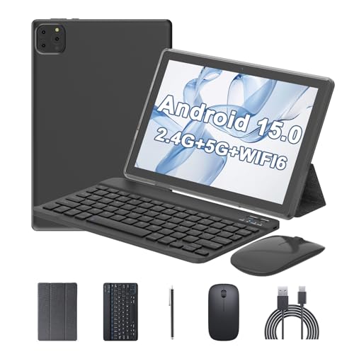 Android 15 Tablet 10 Inch, 12(3+9)GB RAM+64GB ROM, 2 in 1 Tablets with Keyboard Case Mouse Stylus, 1.8GHz Five-core Processor, 1280 * 800 IPS HD Screen, 5G WiFi6 BT 5.3, 8MP Camera Tableta PC（black)