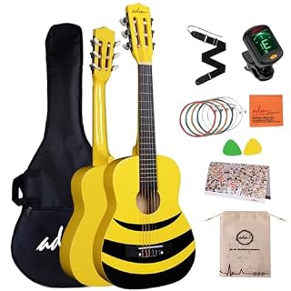 ADM Guitare de concert junior 1/4 pour débutant avec accordeur à clip, étui, sangle, cordes et médiators supplémentaires, abeille jaune - Les Beatles, Paul McCartney, John Lennon, RIngo Starr, George Harrison