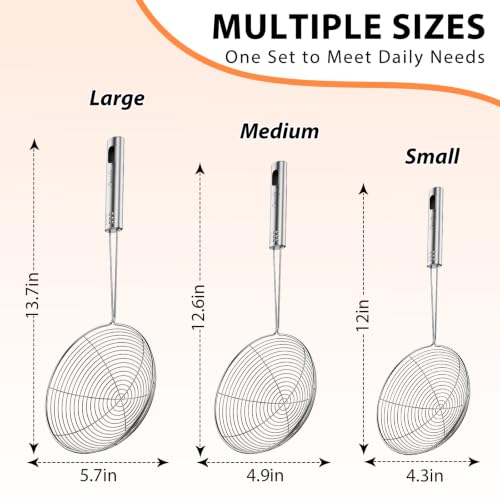 Image of Swify Spider Strainer Set of 3 Asian Strainer Ladle Stainless Steel Wire Skimmer Spoon with Handle for Kitchen Frying Food, Pasta, Spaghetti, Noodle-30.5cm, 32cm, 35cm