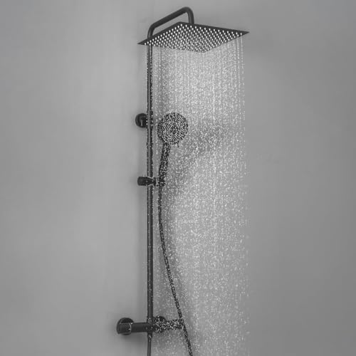 Auralum Columna Ducha Termostática Negra,Duchas de baño con Grifo de Latón, Cabezal de Ducha Lluvia 30x30 cm de Acero Inoxidable,Alcachofa de Ducha con 5 funciones, Barra de Ducha Altura Adjustable