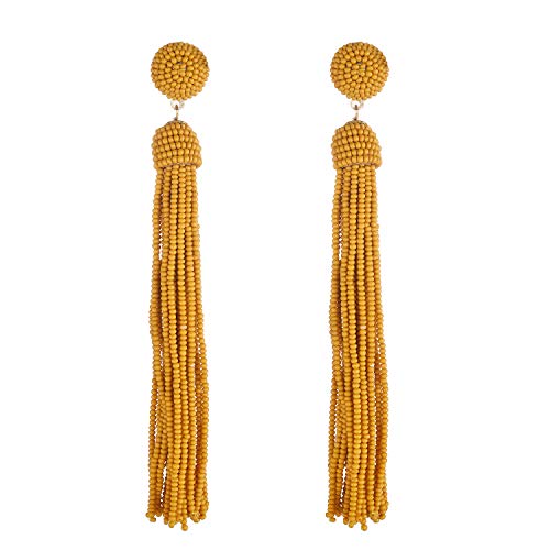Nicole Miller New York Long Mustard Yellow Tassel Beaded Drop Dangle Stud Earrings