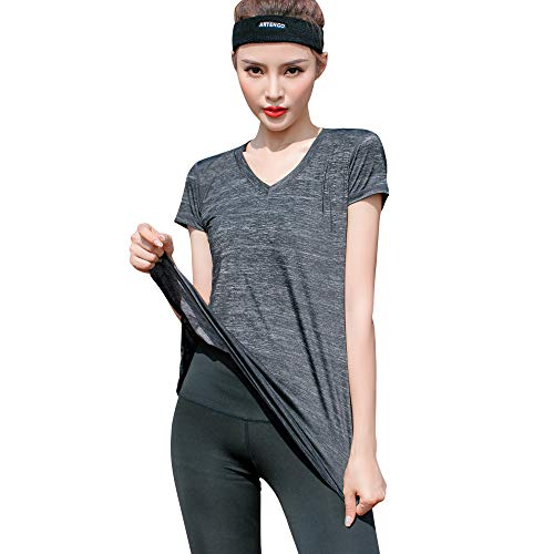 Sidiou Group Fitness T-Shirt Yoga Femme Sport T Shirt Gym Running T-Shirt Sechage Rapide Élastique Manches Courtes Tee Shirt Training Yoga Tshirt Haut (Gris Foncé, Medium) Cover