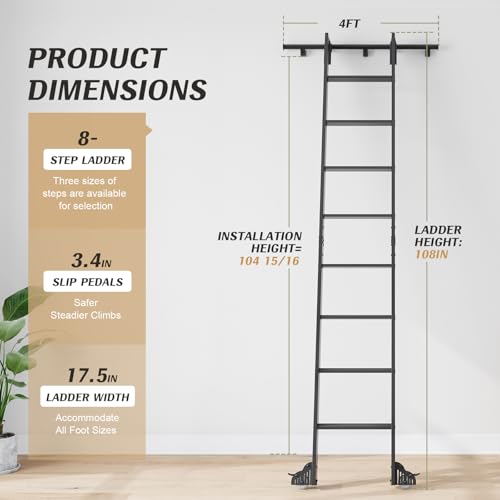 Image of Fredbeck 9ft Black Library Aluminium Step Ladder 108 inch and 4FT Sliding Track | Rolling rollers,Bottom Wheel Included,for Kitchen,Loft,Warehouses,Bookstore,Atti,Dressing Room,Metal