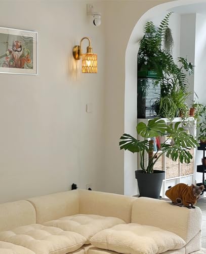 Image of Vintage Gooseneck Sconces Wall Decor Set of 2 with Rattan Shade, Boho Wall Sconces Set of Two Hardwired Wall Lamp Fixture for Living Room Bedroom Bedside Hallway