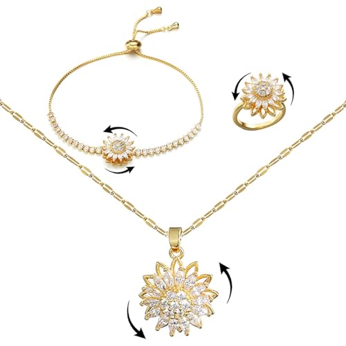 Spinning Sunflower Bracelet for Women Sunflower Fidget Necklace Ring Gold Zircon Jewelry Set for Anxiety Worry Relieving Adjustable Flower Jewelry Accessories Gifts