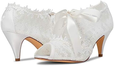 JIAJIA Women's Bridal Shoes 5949419 Peep Toe Cone Heel Lace Satin Pumps Ribbon Tie Wedding Shoes Color Ivory,Size 9.5 B(M) US/41 EU | Image 2