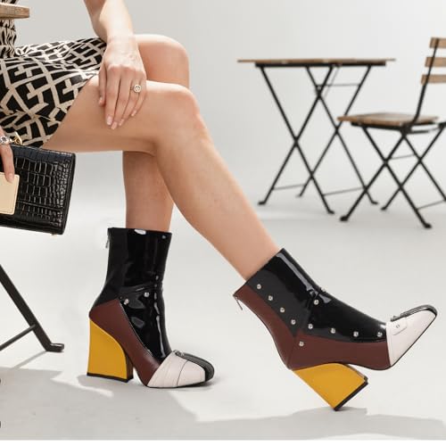 Women Ankle Boots Black High Heel Ankle Booties Red Chunky Punk Booties Square Toe Back Zipper Boots 3.5 Inch Block Heel with Metal Rivet4