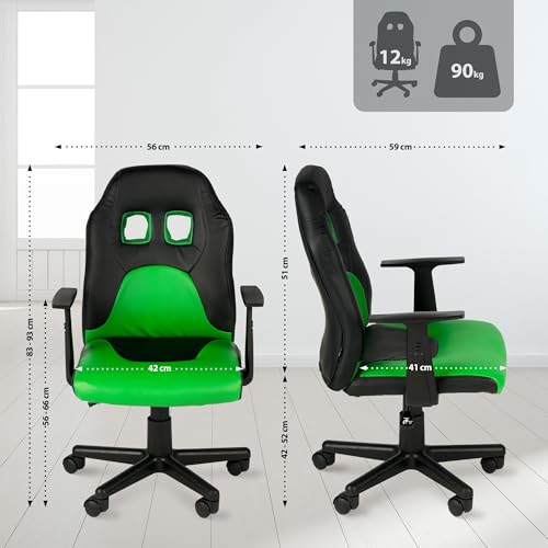 Sedia ergonomica per Bambini e Ragazzi Fun, Poltrona Regolabile in Altezza con Rivestimento in Ecopelle, braccioli Rimovibili, Colore:Nero/Verde - Sedia gaming - Immagine 2