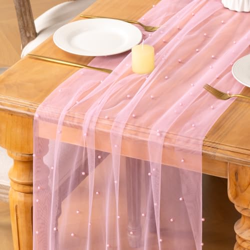 Image of MLMC Pink Pearl Table Runner Boho Rustic Tulle Table Runner with Pearls 10ft 29 inchx120 inch Cheesecloth Table Decor for Wedding Anniversary Baby Shower Home Decoration