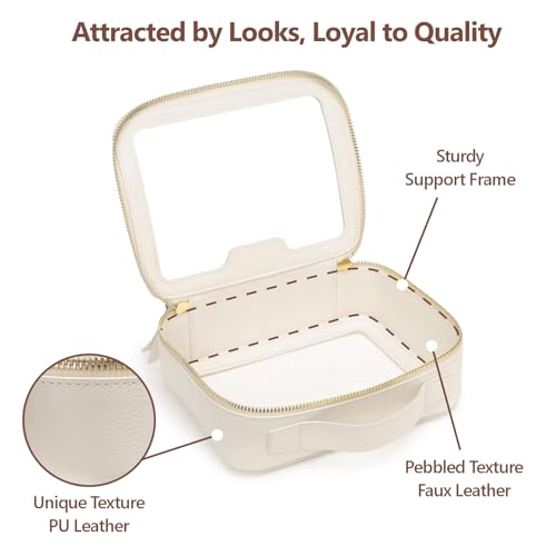 PACKISM Medium Clear Makeup Bag - PU Leather Clear Travel Bags for Toiletries Car Bag for Essentials, with Message Card Cosmetic Bags Makeup Case for Women Gift (Cream Medium)3