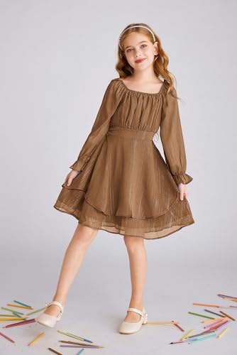 GRACE KARIN Girls Fall Dress Long Sleeve Casual Dresses Square Neck Ruffle Tiered Layer A-line Dress 5-12Y2