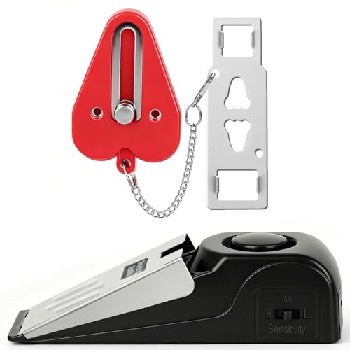 Portable Door Lock & Door Stop Alarm Set, Dual Protection Home Security Door Kit, Travel Hotel Lock Devices Pocket Self Defensey Tools for Traveling Hotel Home Apartment,Red