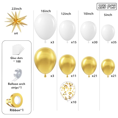 Image of White and Gold Balloon Arch Garland Kit 153pcs with Star, 22 18 12 10 5in Different Size White Metallic Gold Confetti Latex Balloons for Birthday Anniversary Wedding Baby Shower Decoration