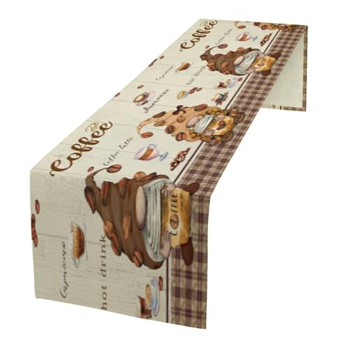 Coffee Gnome Table Runner, Vintage Rustic Cute Coffee Biscuit Cake Dessert Drinks Chef Table Decor Table Top Dining Kitchen Wedding Party 13x70 in
