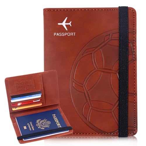 XMLINPER Passport Holder and Card Slot Combo RFID Blocking Leather Personalized Travel Passport Wallet for Men and Women US Passport Cover Protector (Soccer Coffee)