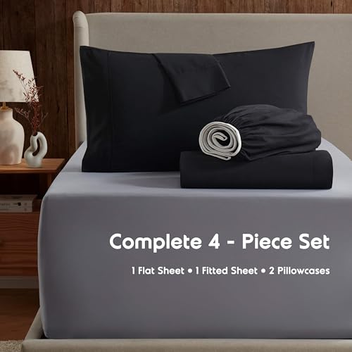 Image of Nestl Queen Bed Sheet Set - Black - 4-Piece Deep Pocket | Instantly Soft, Night-One Ready (No Wash Required). Fits 16-Inch Deep Pockets, 360-Degree Elastic Grip