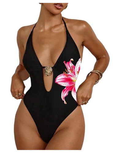 SOLY HUX Women's Floral Print Halter Deep V Neck One Piece High Cut Monokini Swimsuits Vacation Bathing Suit