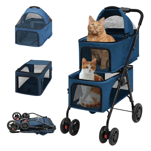 BDL Carrinho de bebê duplo para 2 cães/gatos – Carrinho dobrável de 4 rodas com suporte de viagem re