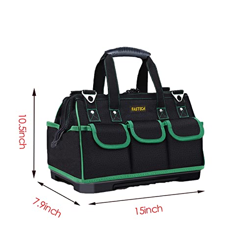 Fastech 15In Wide Mouth Tool Bag Waterproof Molded Base, Wide Mouth Tool Bag, Waterproof Tool Bag, Shoulder Strap Connection With Rivets For More Strength(Green) #TOP1